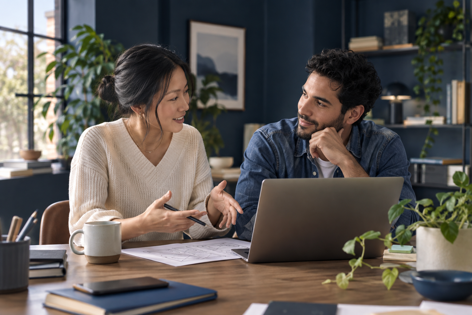 Two people collaborating on a useful digital project